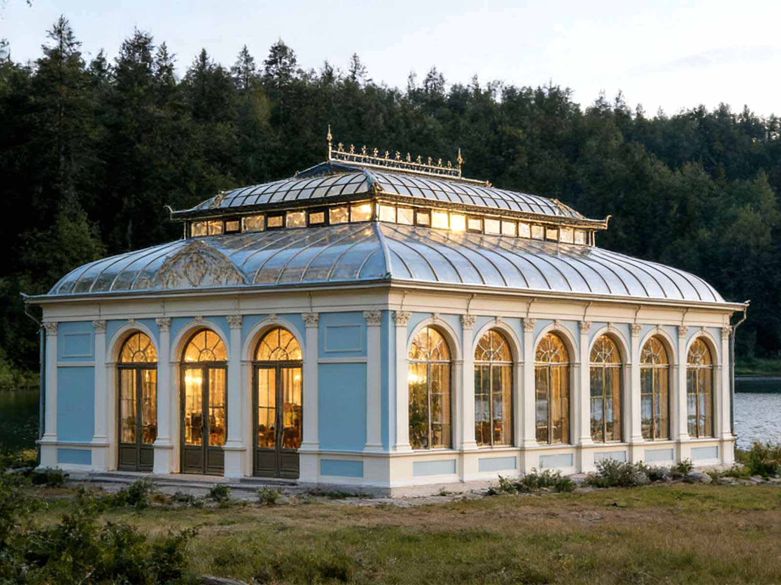Pastel blue and white neo‑classical glass conservatory pavilion beside lake, glowing interior lights, curved metal glass roof, forest backdrop